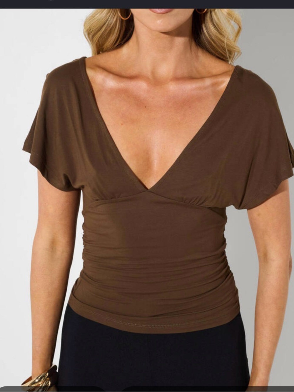 Nine West Brown V-Neck Flutter Sleeve Dressy Top
